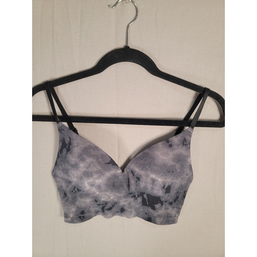 Victorias Secret PINK Wireless Push Up Bra XS Gray Tie Dye Scallop Bralette Top